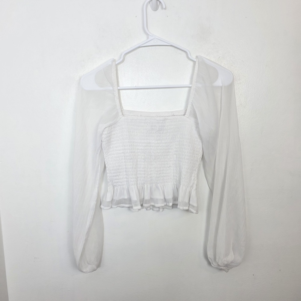 Hollister White Sheer Sleeve Ruched Feminine Angelcore Summer Blouse Size M - Picture 8 of 10